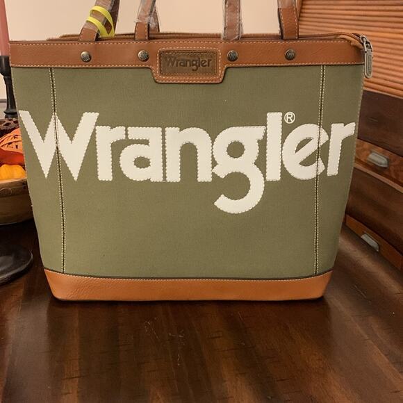 NWT Wrangler Leather Trim Canvas Tote Bag Shoulder Bag - Green - Picture 3 of 11
